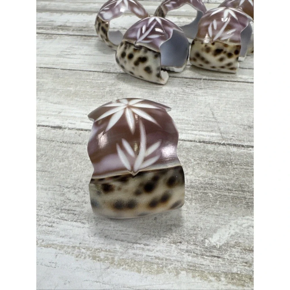 Vintage Hand Carved Cowrie Shell Napkin Rings Set of 6 Floral Etched Coastal